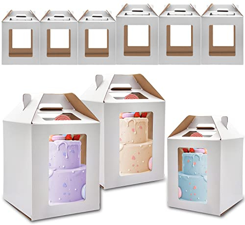 KBG Tall Cake Boxes 6pcs 14x14x16 and 16x16x18 Inches White With Window for Tier Cakes, Wedding, Birthday Transport - Large With Handle, Disposable Containers