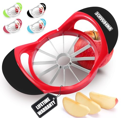SCHVUBENR Grande trancheuse de pommes de 12 cm avec 12 lames – Coupe-pomme professionnel – Vide-pomme en acier inoxydable – Trancheuse et vide-pomme tranchante – Passe au lave-vaisselle (rouge)