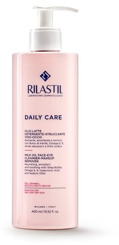 Rilastil Daily Care Olio Latte Detergente Viso e Occhi, Detergente Struccante Nutriente per Pelli Sensibili e Secche, Emolliente e Lenitivo con Burro di Karité, Acido Ialuronico, Confezione da 400ml