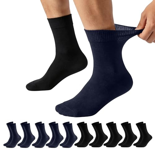 Lakpoau Calzini Uomo in cotone, Confezione da 10 Paia,Morbide e Classiche, Elastiche e Traspiranti Calze da Lavoro e Uso Quotidiano Nero,Blu Navy 43-46