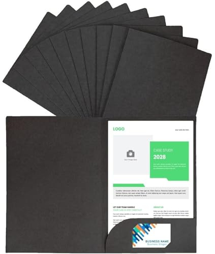 LATERN 10Pcs A4 Document File Folder, Kraft Paper Square Cut Folders Insert Presentation Paper Holder Storage Pouch Portfolio Paperwork Organizer with Cards Slot Folders for Office School (Black)