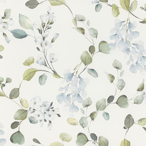 Rasch home style Tapete 285789 - Helle Papiertapete mit Eukalyptus und blauen Pflanzen in Aquarelloptik - 10,05m x 0,53m