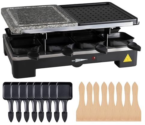 8 Person Set Raclette - With Grill Plate & Stone Plate Function - Table Grill Including Pan & Scraper