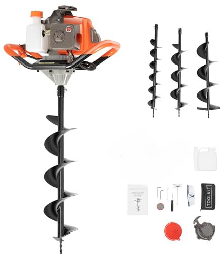 71cc 2-Stroke Petrol Earth Auger Fence Post Hole Borer Kit,Single Cylinder Air-cooled Petrol Earth Drill with 3 Drill Bit Diameter (100, 150 200mm)and Extension