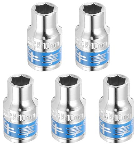 sourcing map 5pcs 1/2 Inch Drive 6-Point Socket 10mm CR-V Metric Shallow Socket Electric Wrench Socket for Mechanical Auto Repair, Silver Tone & Blue