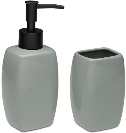 TIENDA EURASIA – Set Jabonera y Portacepillos | Material Cerámica y Plástico | Medidas 5x4.5x17 cm | Jabonera Baño | Vaso Cepillo de Dientes Baño (Gris)