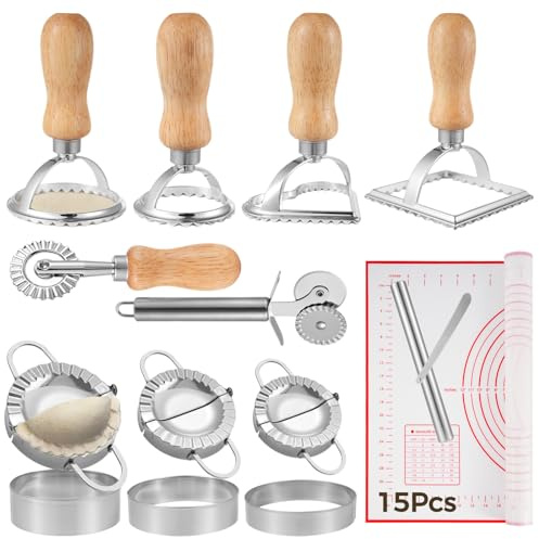 Ravioli Maker, 15 Pcs Dumpling Maker with Roller Wheel Set, Pasta Maker Mold with Wooden Handle and Fluted Edge, Ravioli Cutter and Press Stamp for Ravioli Pastry Empanadas and Home Kitchen DIY