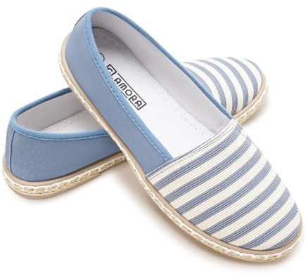 GLAMORA Alpargatas Mujer Lona a Rayas, Bailarinas Esparto Mujer Suela Goma Antideslizante, Manoletinas Planas Verano Comodas, Zapatos Slip On Mujer Ligeros Transpirables Calzado Verano Mujer lblue-41