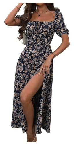 GORGLITTER Women's Floral Midi Dress Ruched Bust Split A Line Dress Boho Square Neck Short Sleeve Summer Swing Dresses Dark Blue Large