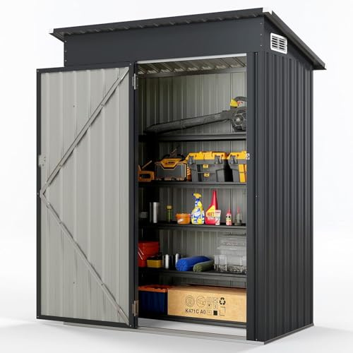 GOPLUS 1,02 m² Casetta da giardino in metallo zincato, per utensili con tetto inclinato, resistente all'intemperia, 150 x 88 x 185 cm, capanna da giardino con sfiato di ventilazione, 1,88 m³, bacino
