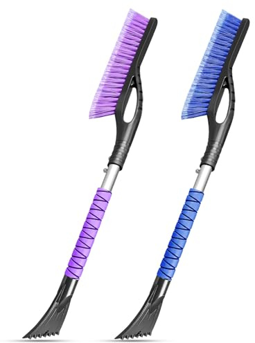 HEEYA 2 Pack 27 Inch Ice Scraper and Brush for Car, Snow Brush and Ice Scraper with Foam Grip, Detachable Snow Scraper for SUV Truck Jeep Vehicle Auto Windshield Window - Purple & Blue