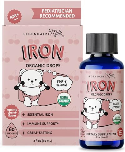 Legendairy Milk Organic Liquid Iron Supplements for Kids, Baby Vitamins, Sugar Free Liquid Iron for Kids - for Ages 4 Months to 3 Years - Cherry Flavor, 60 Servings