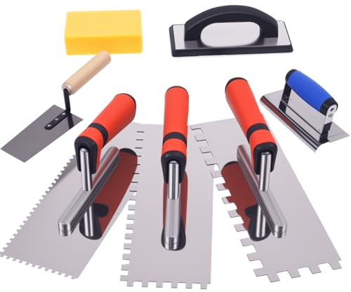 7Pcs Square Notched Tile Trowel Set,Stainless Steel Tile Tools (Notch Size: 5/32 & 5/16 & 1/2),Includes Rubber Grout Float,Grout Sponge,Margin Trowel,Edger,Idea for Tiling Installation Grouting