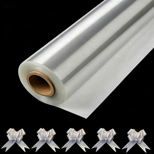 DYFHOJU clear cellophane wrap roll 80cm x 15m with 5 silvery pull bows - 3 Mil clear cellophane wrap for hampers, ideal for gift wrapping, florist packing, basket hampers & crafts，Holiday Gifts