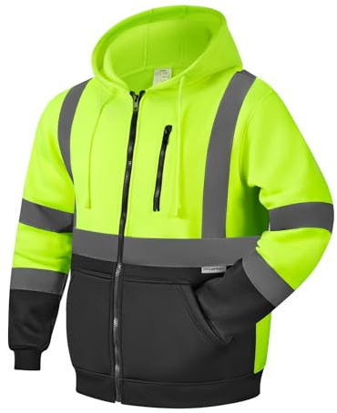 HYCOPROT Felpa ad Alta visibilità per Uomo Hi Vis Viz Felpa con Cappuccio di Sicurezza Felpa Leggera Giacca da Lavoro Riflettente Tasche Cappotto di Sicurezza con Cerniera e Coulisse EN ISO 20471