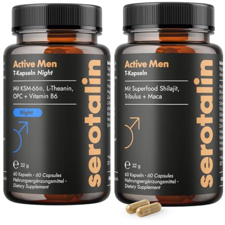serotalin Men Day & Night Vorteilspaket - Active Men T-Kapseln mit Maca & Night mit Ashwagandha hochdosiert - Made in Germany - 2 x 60 Kapseln