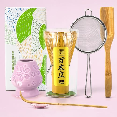 TEANAGOO Matcha Whisk Set, 6-Pcs Traditional Starter Set, 100 Tips Whisk with Purple Cherry Blossom Holder, Scoop (Chashaku), Bamboo Chase, Teaspoon, Ceremony Supplies
