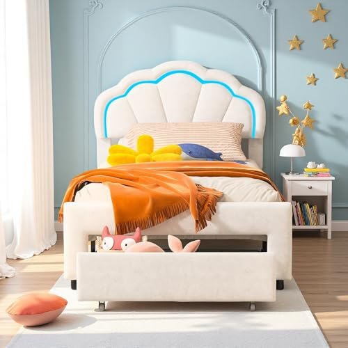 Aneutr Lit 1 Place Enfant Fille 90 x 200 cm, Lit Simple rembourré avec LED Tête de Lits en Forme de Pétale et 2 tiroirs, Cadre de Lits avec sommier à Lattes pour Adolescents et Filles