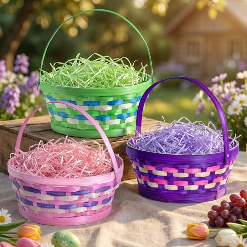 Lanpn Juego de 3 Cestas de Pascua Artesanales en Bambú Natural Trenzado a Mano con Rafia – para Huevos, Dulces y Decoración Primaveral (Rosa, Violeta, Verde)