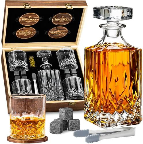 WHISISKEY Set di caraffa per whisky – Set regalo per uomini – regalo per uomini – regalo di compleanno uomo – decanter classico 700 ml, 4 bicchieri da whisky, 4 pietre da whisky