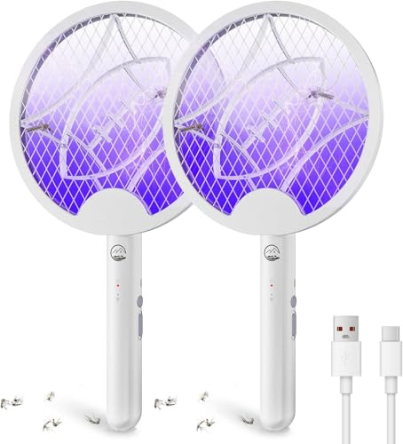 Electric Fly Swatter Racket, Mosiller 2 in 1 Smart Bug Zapper & Power Take Off Generators with USB Rechargeable Base, Powerful Mosquitoes Trap Lamp & Fly Killer for Home, Bedroom （White-2 Pack）