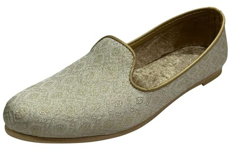 Men’s Cream Gold Embroidered Ethnic Slip-On Wedding Punjabi Jutti Handmade Mojari Party Shoes