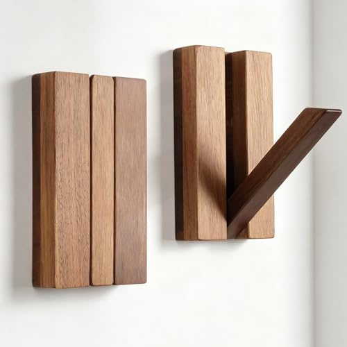 DXPETA 2 Pack Foldable Wooden Wall Hooks, Flip Down Magnetic Rustic Coat Hooks, Space Saving Hidden Design for Jacket Space Saving Design for Hallway