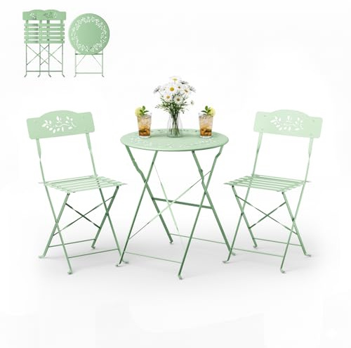 Bonnlo Juego Plegable de Mesa y 2 Sillas, Conjunto de Bistro de Metal, Ideal para Terraza, Jardín, Patio, Bar y Restaurante, sin Cojín, Verde