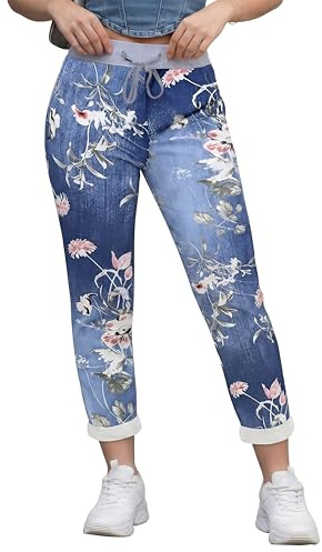 Love My Fashions Womens Multi Floral Check Tartan Print Italian Ribbed Waistband Casual Summer Trousers Jogging Exercise Running Cotton Outwear