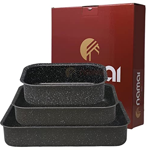 NAMAI Set 3 Teglie Forno Rettangolare - Lasagnera Antiaderente - Adatta Per la Lavastoviglie- Alluminio - Teglia da Forno - Design Effetto Pietra (Set 3 Teglie Forno 1)