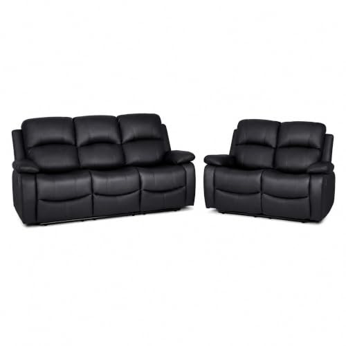 Bravich 2 and 3 Seater Recliner Sofa Set, Manual Reclining Faux Leather Couches, Padded Suite with Footrest, Steel Frame, Living Room Furniture, Black