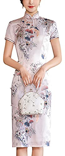 Vintage Floral Print Midi Cheongsam Qipao Dress Mandarin Collar Keyhole Short Sleeve Chinese Style Party Dress (Pink, L)