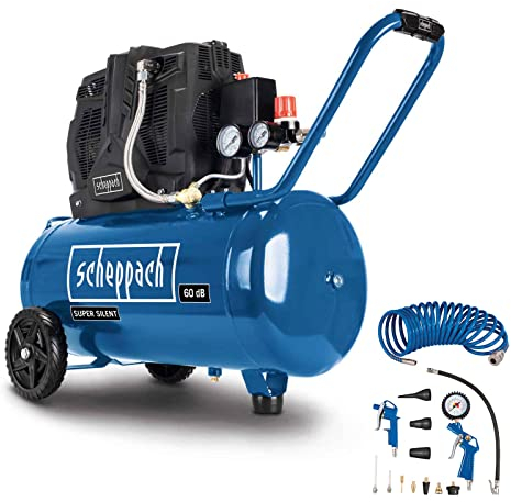 Scheppach Compresseur Bicylindre Super Silencieux HC51Si | 1500W | Cuve de 50L | 8bar | Sans huile et peu d'entretien | Admission d'air 300 L/min | Manomètres, Raccords Rapides + 13 Accessoires