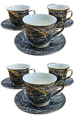 Service à café 12 pièces en porcelaine avec soucoupes - Aspect marbre gris - Bordure dorée