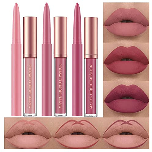 Juego de lápiz labial y delineador de labios mate de 6 piezas, lápiz labial líquido resistente al agua, juego de regalo de maquillaje con brillo de labios y delineador de labios (# A, 1)