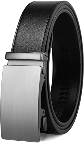 Founders & C Men's Ratchet Belt 1 3/8,Leather Dress Belt Adjustable with Click Sliding Buckle Trim to Exact Fit (Silver Buckle-Black, 28-42 Waist Adjustable)