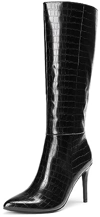 DREAM PAIRS Women's Knee-High Boots, Comfortable Chunky Block Heel Pointed Toe Pull On Side Zipper Suede Slouch Riding Boots for Young ladies,Size 7,Black-Stone,SDKB2311W