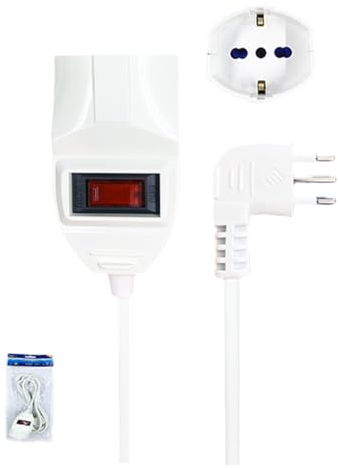 A2ZWORLD Prolunga Elettrica 3 Metri Con Interruttore, Spina Italiana Piccola 10A, Presa Multistandard Bipasso Schuko 10/16A, Max 2300W 250V, Colore Bianco