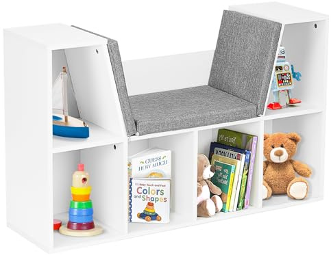 HOMASIS Bibliothèque pour Enfant avec Coussins, Rangement Livre Enfant avec 6 Cubes, Banc de Chambre, Etagere Livre Enfant, Presentoir Livre pour Chambre d'enfant,103 x 30 x 63 cm (Blanc)