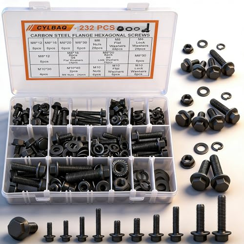 232 viti a flangia M6 M8 M10, viti a flangia esagonale, in acciaio al carbonio, bulloni a flangia con dadi e viti, assortimento con valigetta