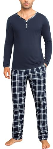 Irdcomps Herren Schlafanzug Lang Pyjama Baumwolle Zweiteilige Nachtwäsche Set Winter Männer Kariert Langarm Dunkelblau L