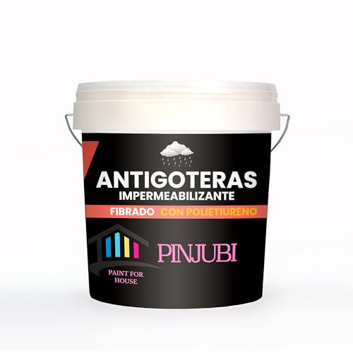 PINJUBI ANTIGOTERAS impermeabilizante reforzado con fibras y poliuretano, Pintura acrílica ELASTICA para impermabilización de cubiertas y terrazas visitables, puenteo de fisuras. (BLANCO, 10 KG)