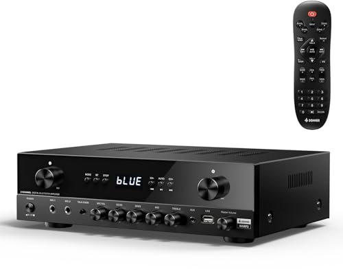 Donner Amplificateur Audio Stéréo, 600 W Crête, Récepteur 2 Canaux avec Bluetooth 5.3, Phono, Optique, Coaxial, USB, FM, 2 Entrées Micro pour Enceintes Maison, Karaoké et Cinéma, MAMP2
