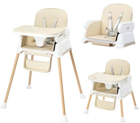 Bonnlo 4-in-1 Foldable Baby High Chair, Adjustable Height with Detachable Tray, 5-Point Safety Harness, Highchair for Toddlers 6 to 36 Months, Beige