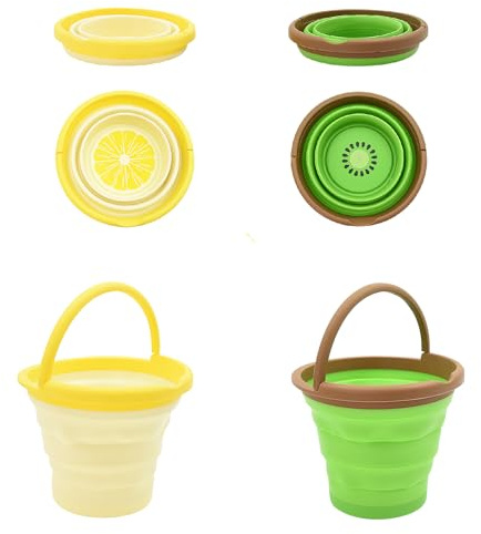 Coriver Seau de Plage Pliable, Lot de 2 Seaux de Camping Pliables Silicone avec Motif Fruits et Poignée, Plage Enfant pour Sandpit, Plein Air, Peche (2. Jaune + Vert)