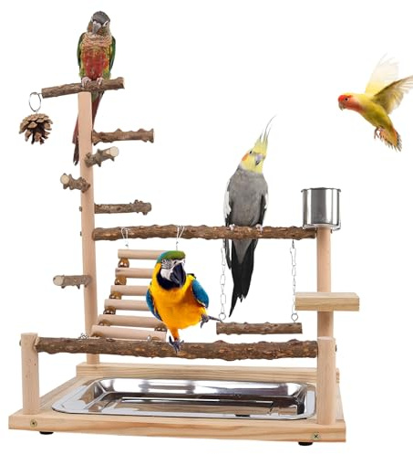 Lekplats Och Aktivitetscenter Till Undulater Trä Leksaks Gym För Fåglar | Ställ Med Pinnar Till Fåglar Med Rostfritt Stål Och Bricka För Klättring Och Tuggning Av Nymphparakit, Conure Parakit Och