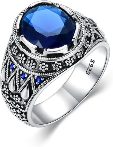 sigillring, Skapad safirring, 925 sterlingsilver oval ädelsten, storlek UK I-Z+6