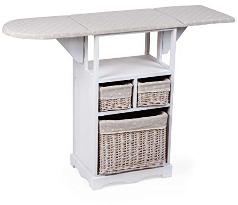 Montemaggi Holz Bügelbrett, Bügelschrank Klappbar, Bügelschrank mit 3 Weidenkörben und bedrucktem Stoff mit Gänseblümchen, Maße 54x36x86 cm