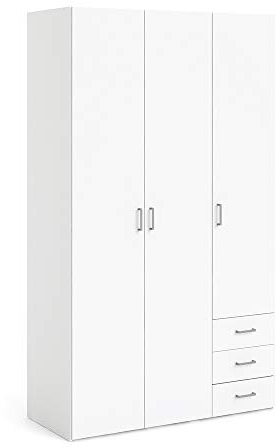 Kleiderschrank mit drei Türen und drei Schubladen, Farbe Weiß, Maße 115 x 200 x 49 cm