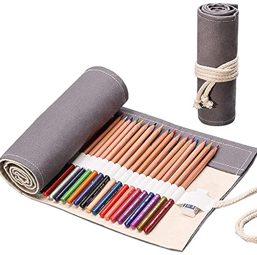 Trousses Crayons Rouleau, Ouceanwin 72 Trous Étui à Crayons en Toile pour Garçons et Filles, Portable Trousses Scolaire en Toile à Enrouler de Crayon pour Le Stockage, Rangement, Écriture, Dessin